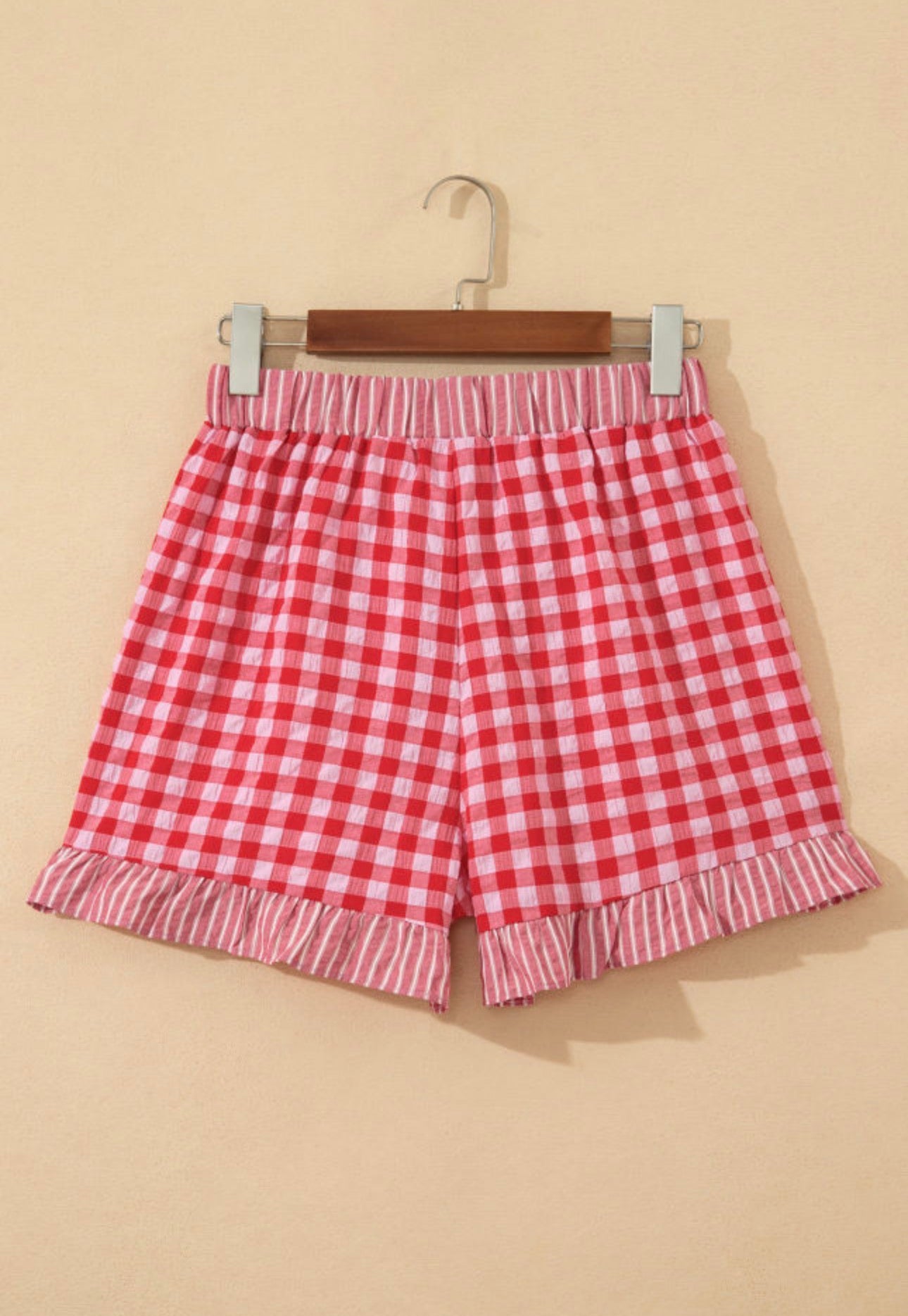 Gingham Print Ruffle Striped detail Lace Tie Shorts