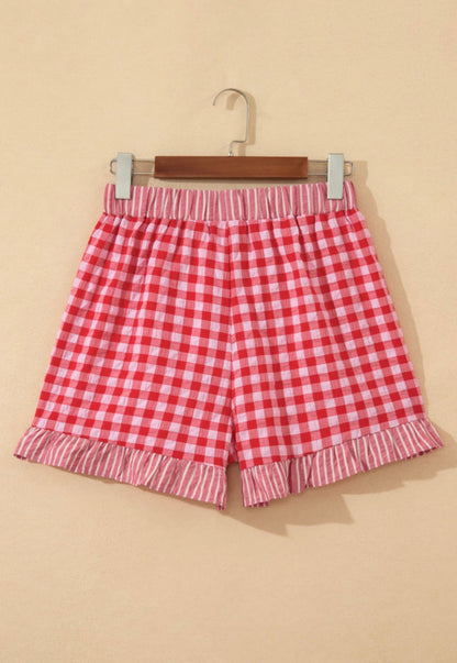 Gingham Print Ruffle Striped detail Lace Tie Shorts