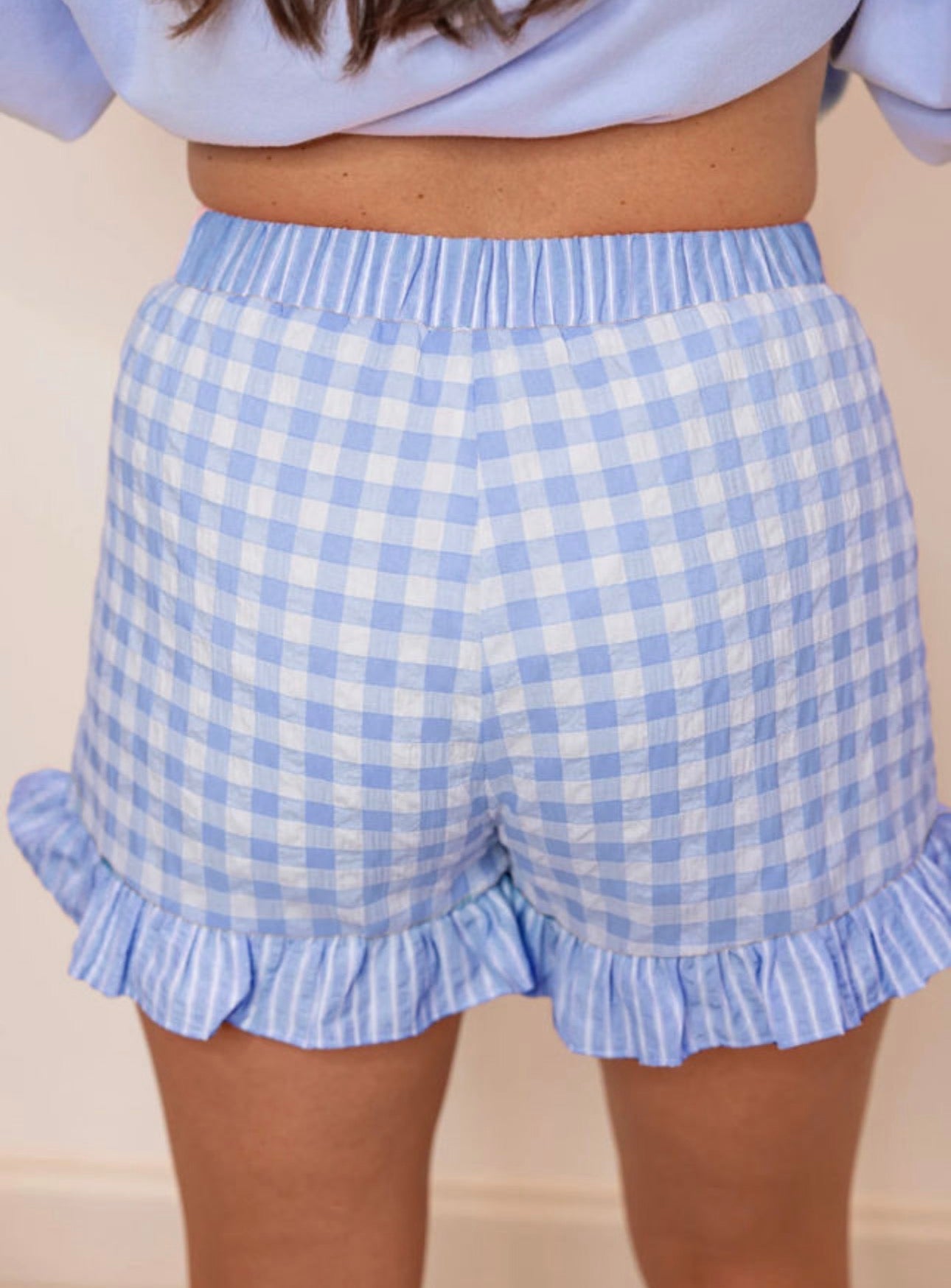 Gingham Print Ruffle Striped detail Lace Tie Shorts