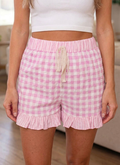 Gingham Print Ruffle Striped detail Lace Tie Shorts
