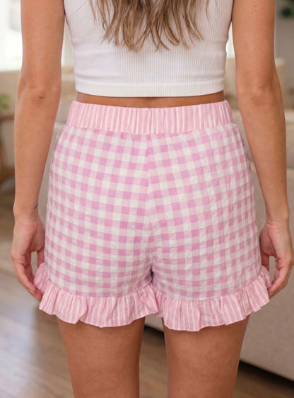 Gingham Print Ruffle Striped detail Lace Tie Shorts