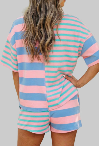 Striped Exposed Seam Mixed Patchwork Loose Short Set