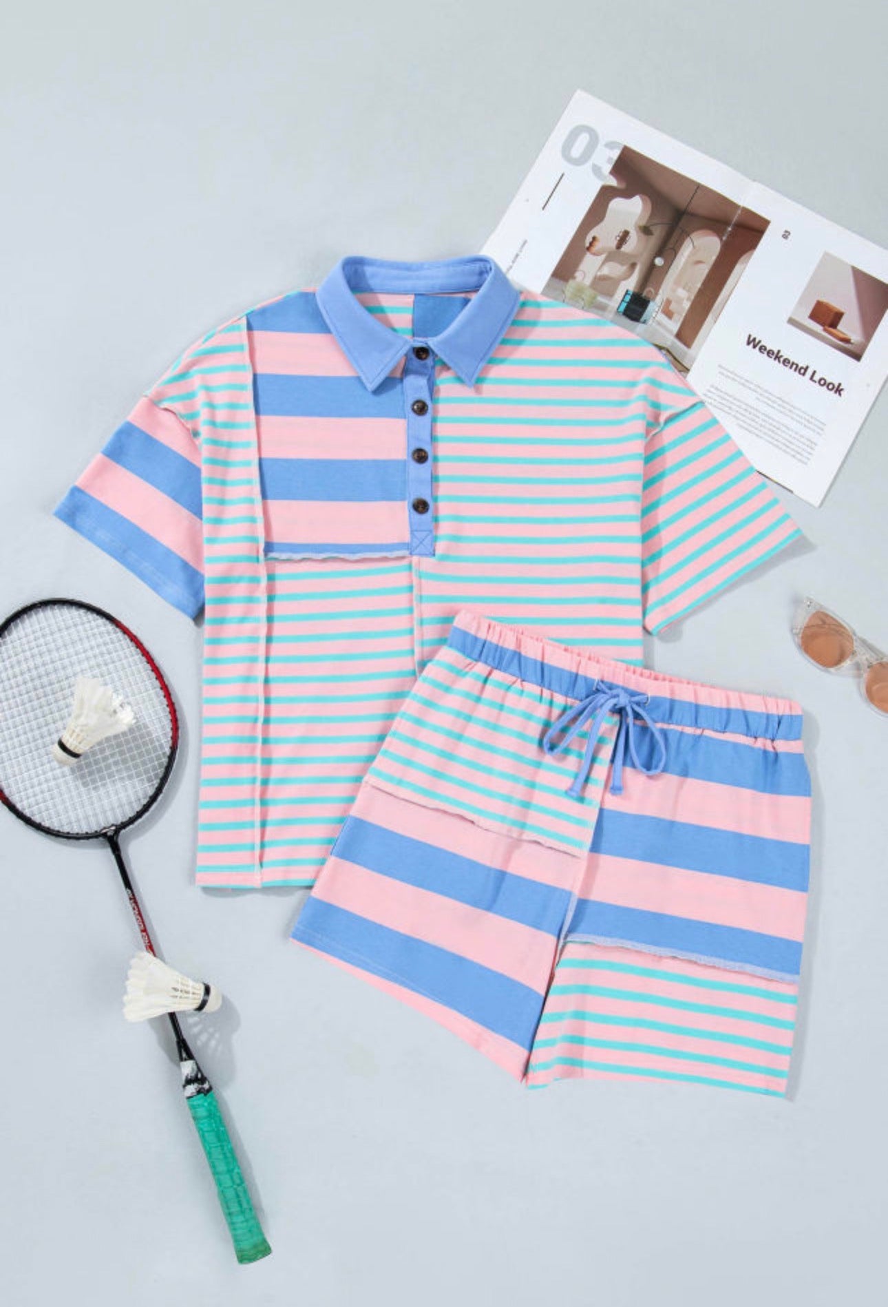 Striped Exposed Seam Mixed Patchwork Loose Short Set