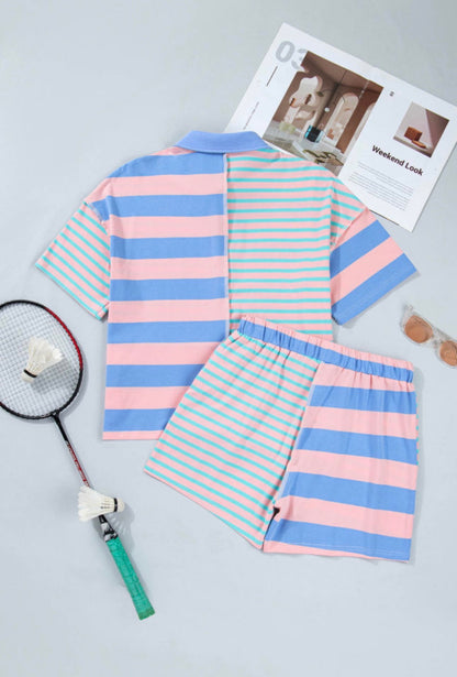 Striped Exposed Seam Mixed Patchwork Loose Short Set