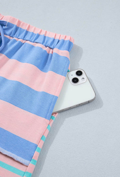 Striped Exposed Seam Mixed Patchwork Loose Short Set
