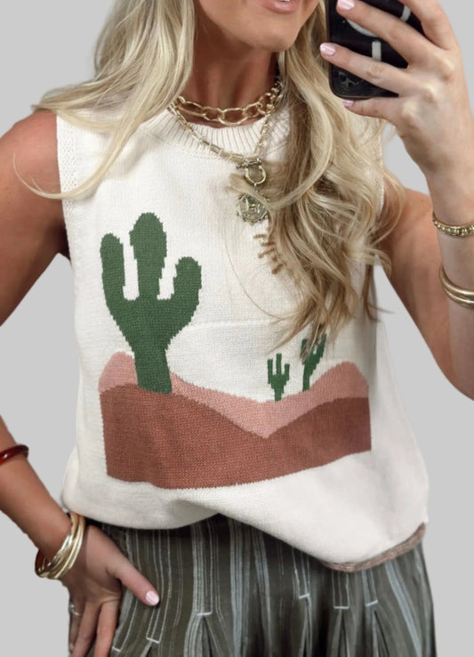 Multicolor Cactus Western Oasis Loose Sweater Vest