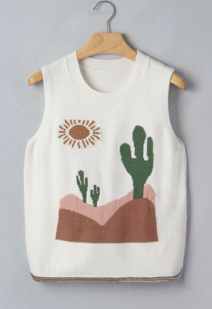 Multicolor Cactus Western Oasis Loose Sweater Vest