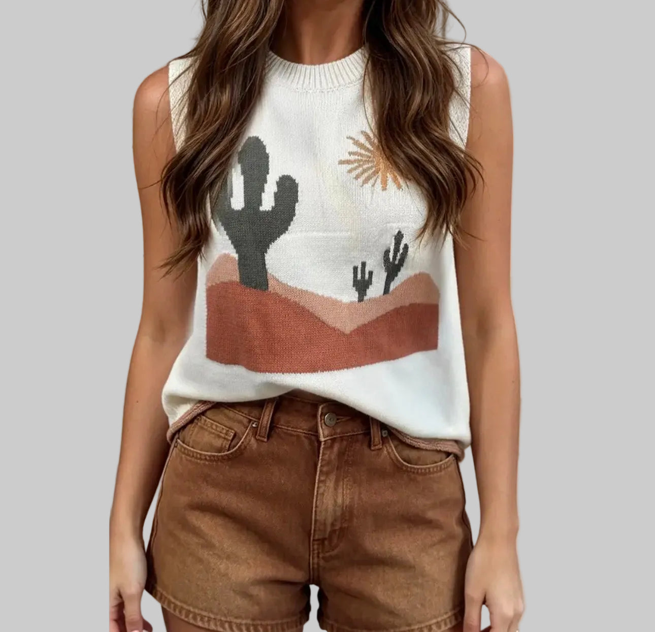 Multicolor Cactus Western Oasis Loose Sweater Vest