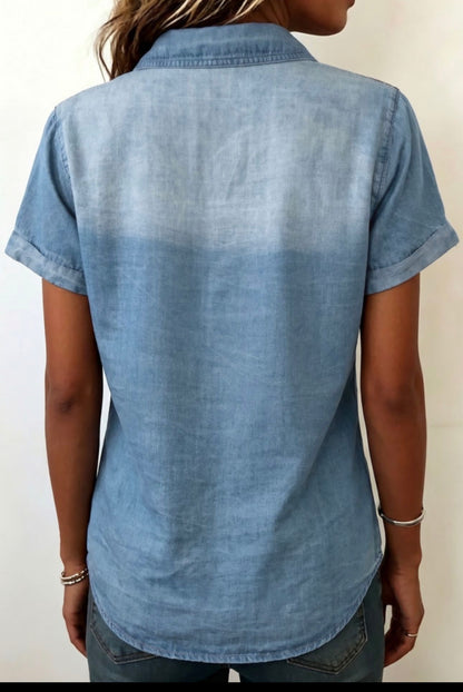 Myosotis Denim Button Down Leopard Patchwork Detail Short Sleeve Shirt